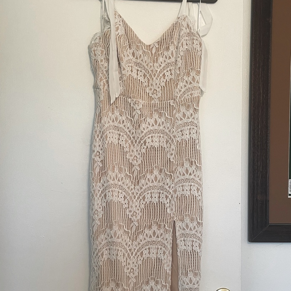 Lulus- Just My Love White Lace Tie-Strap Midi Dress - small